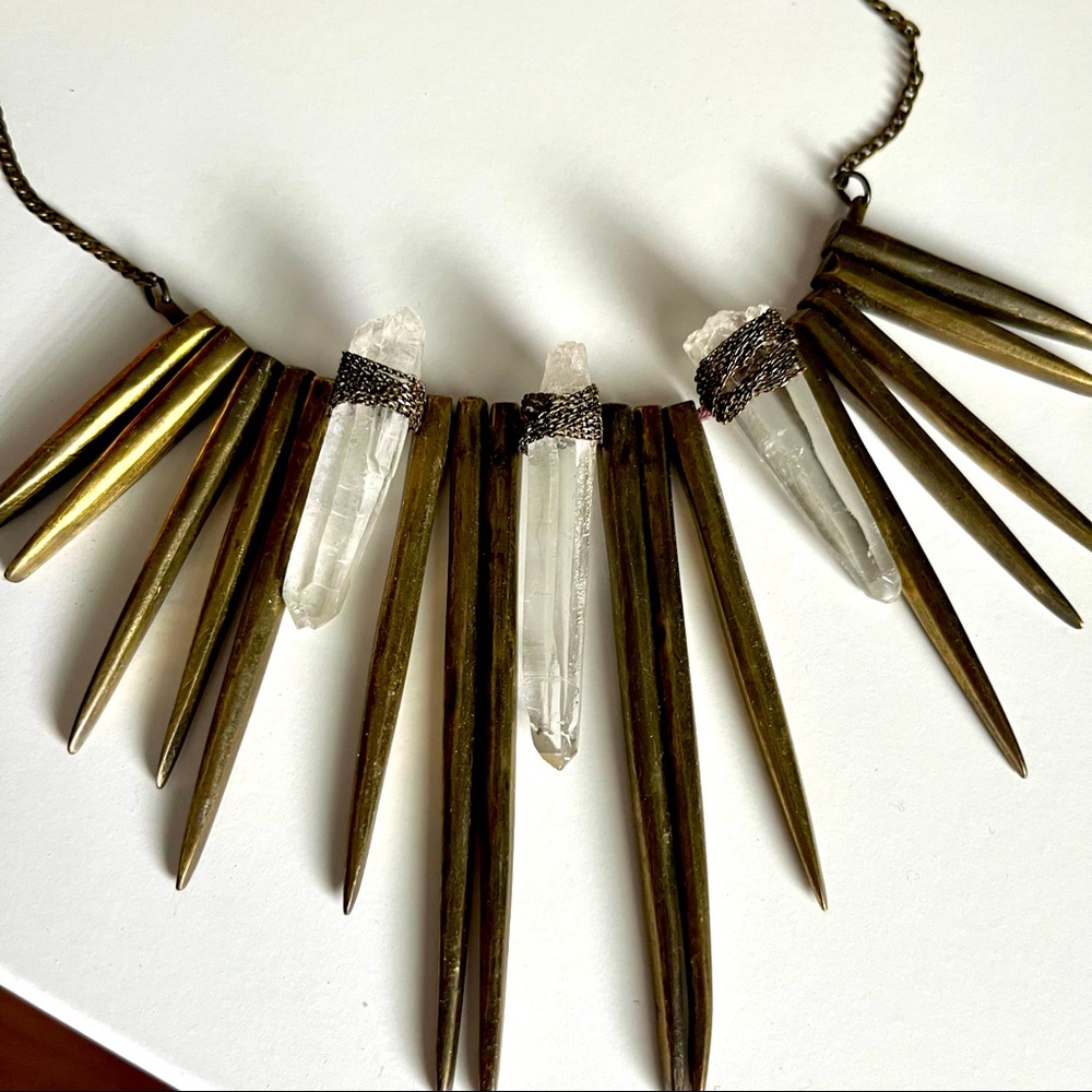 Statement Piece Gold Spike Necklace w/ Clear Quartz